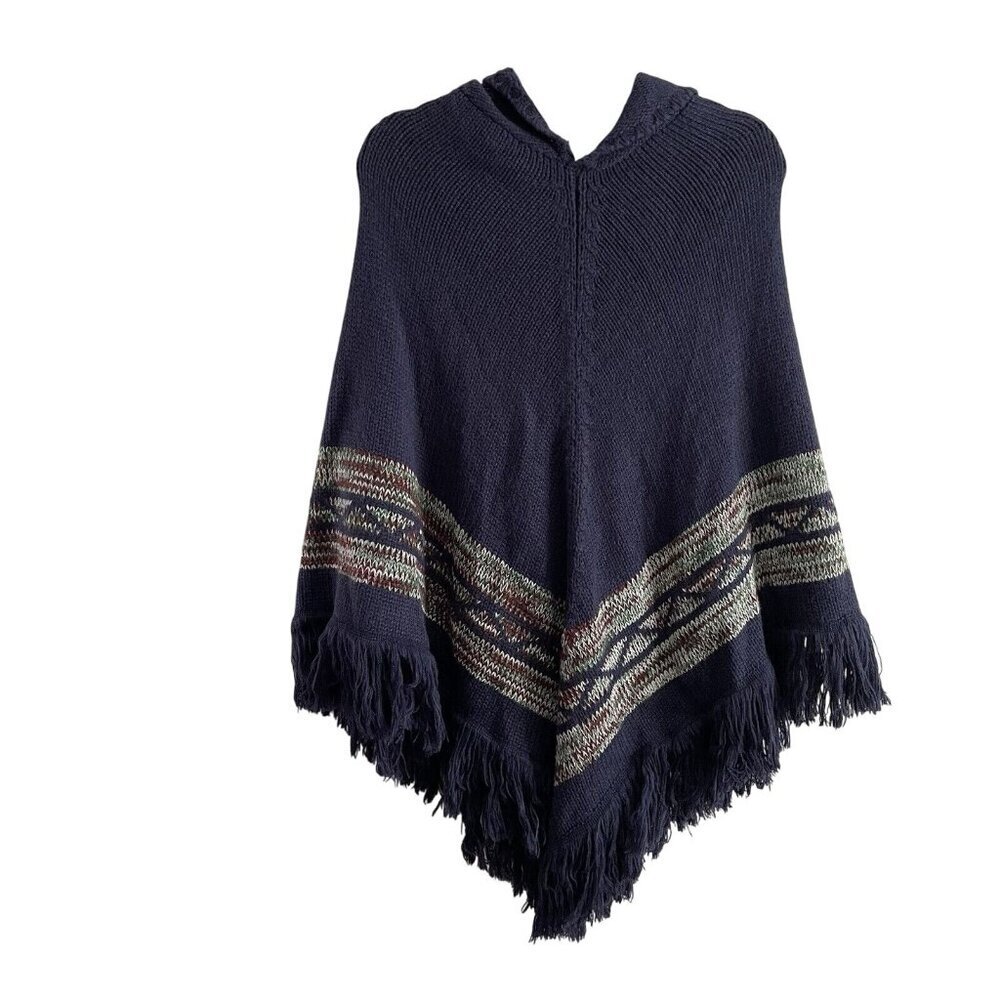 Look by M Women OSFM Navy Blue Fringe Bottom Hooded Pullover Knit Cape Sweater